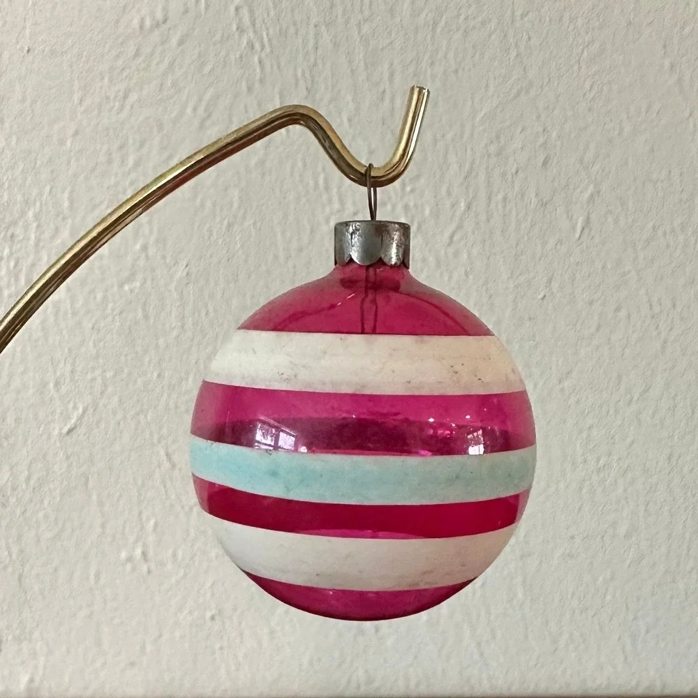 Vintage Heim Unsilvered Glass Christmas Ornament Pink White Blue Striped USA 2